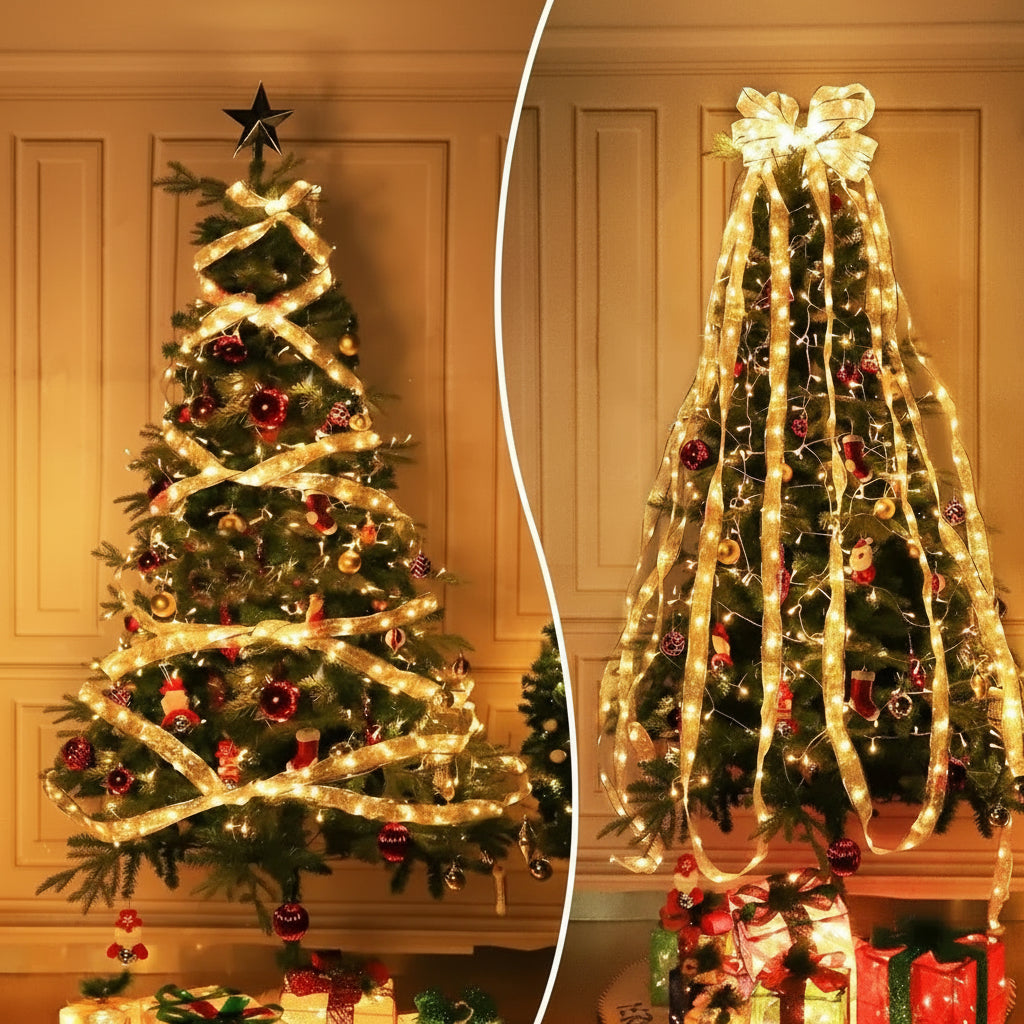 Christmas Ribbon Fairy Light Christmas Decoration DIY Bows String Light Tree Ornaments for Home 2025 Xmas Decor New Year Navidad