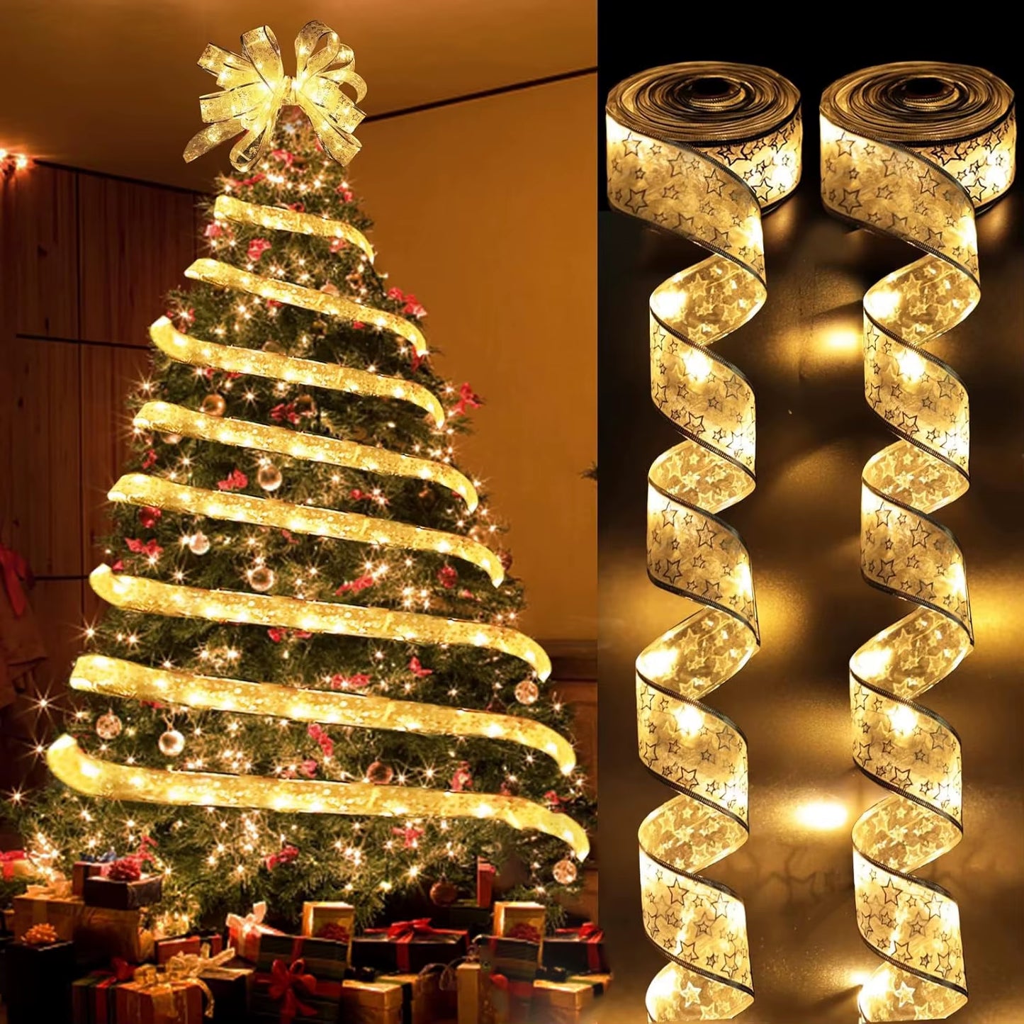 Christmas Ribbon Fairy Light Christmas Decoration DIY Bows String Light Tree Ornaments for Home 2025 Xmas Decor New Year Navidad
