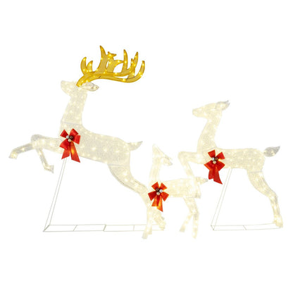 Ensemble De 3 Rennes De Noël Lumineux Famille De Rennes Avec Nœuds Rouges 330 LED Blanc Chaud Piquets Décorations Or