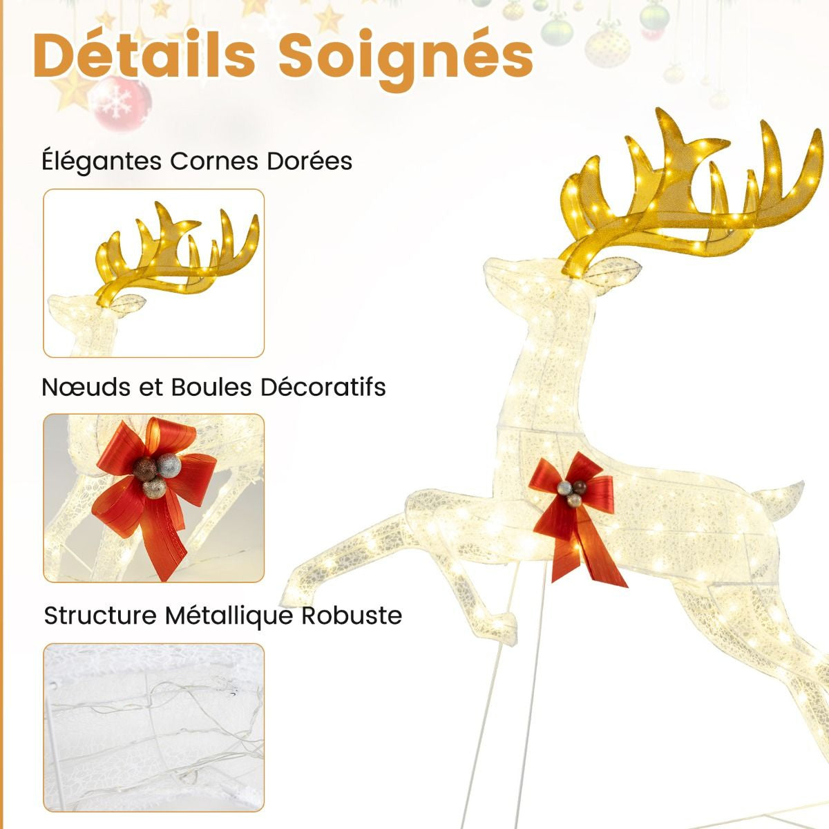 Ensemble De 3 Rennes De Noël Lumineux Famille De Rennes Avec Nœuds Rouges 330 LED Blanc Chaud Piquets Décorations Or