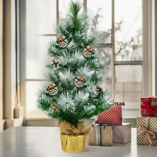 Arbre De Noël Artificiel 60 Cm Avec Aiguilles Enneigées Pommes De Pin Arbre De Noël Artificiel De Table Pied En Ciment Avec Toile De Lin