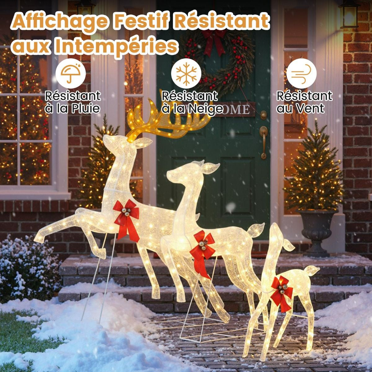 Ensemble De 3 Rennes De Noël Lumineux Famille De Rennes Avec Nœuds Rouges 330 LED Blanc Chaud Piquets Décorations Or